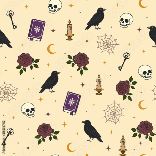 Gothic Halloween Seamless Pattern with Skull Raven Rose Candle Spell Book Web and Vintage Key on Pale Cream Background