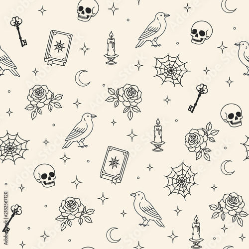 Vintage Gothic Halloween Seamless Pattern with Raven Skull Rose Candle Spell Book Web and Vintage Key Outline