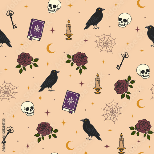 Gothic Halloween Seamless Pattern with Skull Raven Rose Candle Spell Book Web and Vintage Key on Warm Peach Background