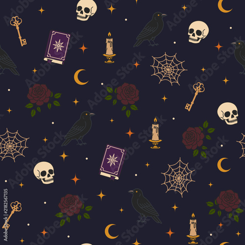 Gothic Halloween Seamless Pattern with Skull Raven Rose Candle Spell Book Web and Vintage Key on Midnight Navy Background