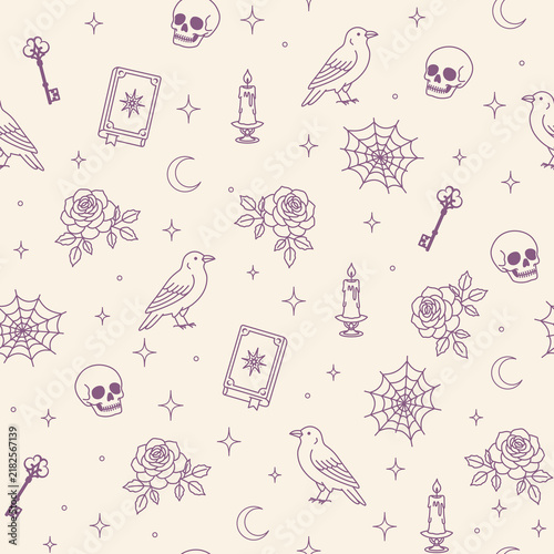 Vintage Gothic Halloween Seamless Pattern Purple Outline with Raven Skull Rose Candle Spell Book Web and Vintage Key on Cream Background