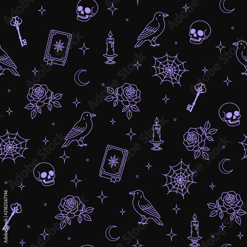 Vintage Gothic Halloween Seamless Pattern Purple Outline with Raven Skull Rose Candle Spell Book Web and Vintage Key on Black Background
