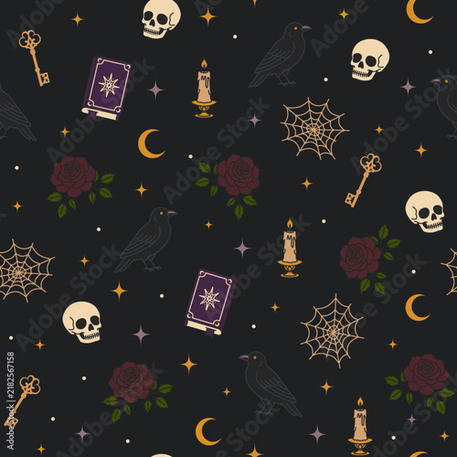 Gothic Halloween Seamless Pattern with Skull Raven Rose Candle Spell Book Web and Vintage Key on Charcoal Background