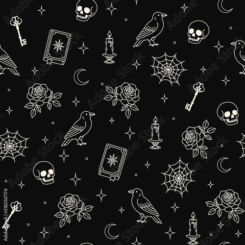 Vintage Gothic Halloween Seamless Pattern White Outline with Raven Skull Rose Candle Spell Book Web and Vintage Key on Black Background