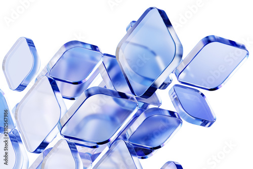 Abstract cluster of overlapping blue glass geometric blocks on white. Complex database visualization, layered software architecture, and UI/UX design mockups. 3d rendering