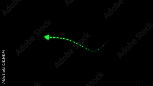 Glow green dotted curved arrow path moving on transparent background. 4k video