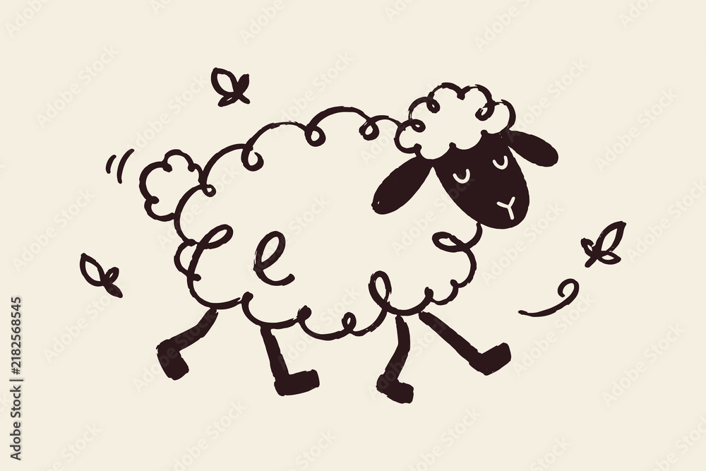 Obraz premium Running Sheep with Butterflies Hand Drawn Doodle