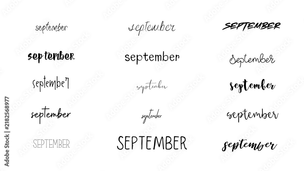 Obraz premium September month text calligraphy, typography in various font style isolated on white, transparent background