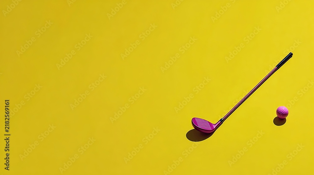 Fototapeta premium Pink golf club and ball on yellow background, Flat lay sport equipment composition, Hobby activity accessory concept
