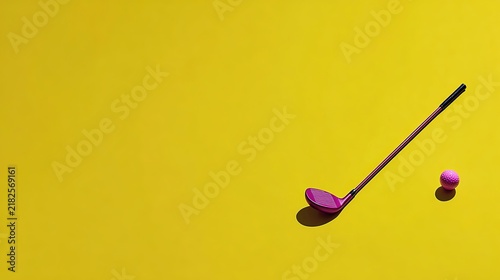 Pink golf club and ball on yellow background, Flat lay sport equipment composition, Hobby activity accessory concept