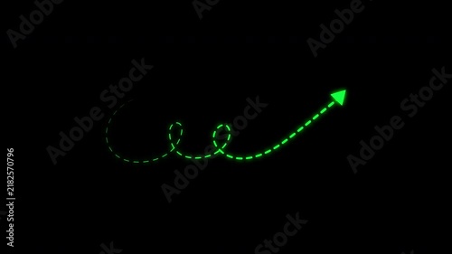 Glow green dotted curved arrow path moving on transparent background. 4k video