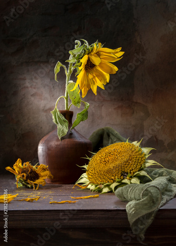 Still life with sunflowers against a dark background