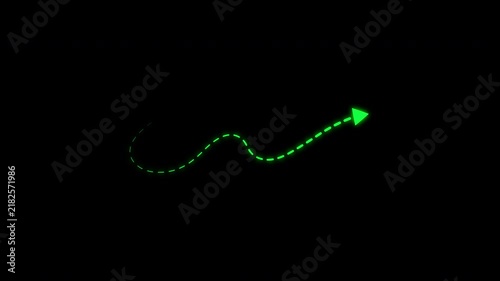 Glow green dotted curved arrow path moving on transparent background. 4k video