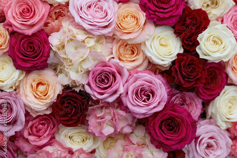 Fototapeta premium The Colorful Rose Bouquet: A Luxurious Floral Arrangement of Pink, Red, Peach Roses