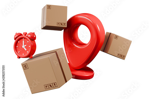 3d location pin and delivery boxes icon. parcel tracking concept. minimal cartoon shipping and logistics for ecommerce map app. isolated on white transparent background. 3d render.
