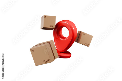 3d location pin and delivery boxes icon. parcel tracking concept. minimal cartoon shipping and logistics for ecommerce map app. isolated on white transparent background. 3d render.