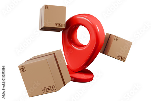 3d location pin and delivery boxes icon. parcel tracking concept. minimal cartoon shipping and logistics for ecommerce map app. isolated on white transparent background. 3d render.