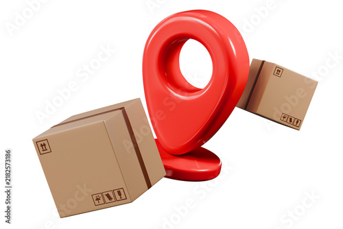 3d location pin and delivery boxes icon. parcel tracking concept. minimal cartoon shipping and logistics for ecommerce map app. isolated on white transparent background. 3d render.