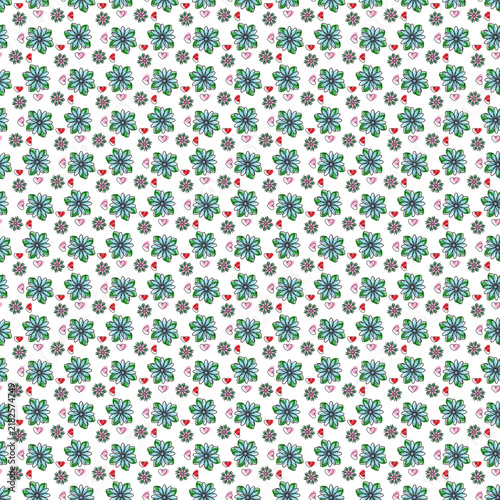 Seamless Hand-Drawn Floral And Heart Pattern In Turquoise And Green On White Background