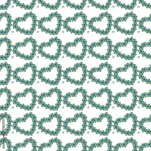 Seamless Floral Heart Pattern With Green Blue Flower Wreaths for Romantic Spring Designs