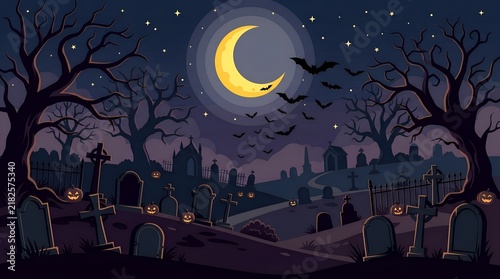 Spooky Halloween Graveyard Vector Illustration Set with Moon and Bats