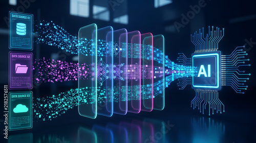 Obraz na płótnie Artificial Intelligence Data Pipeline Processing Multiple Digital Sources Through Layered Computing and Smart Automation