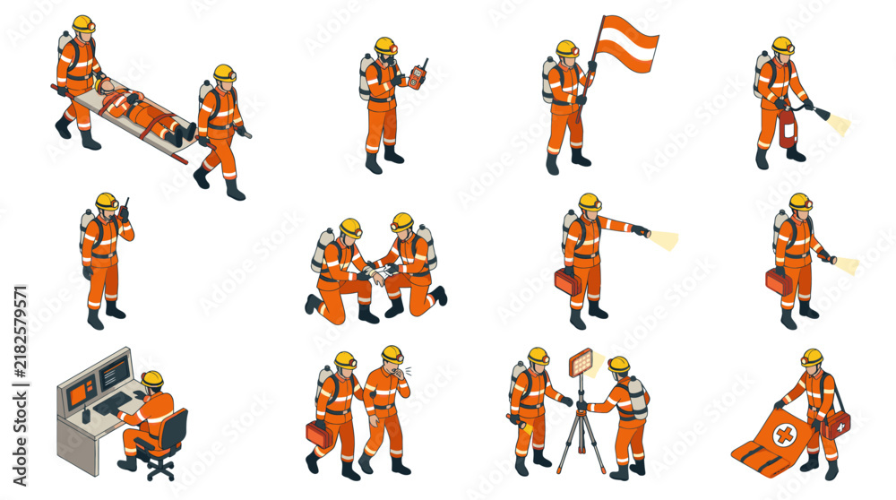 Fototapeta premium Corporate Set of Emergency Rescue Workers in High Visibility Orange Uniforms Performing Various Safety Tasks