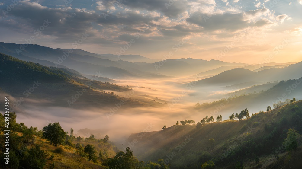 Obraz premium Panoramic view of a mountain valley with mist