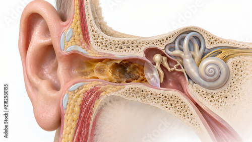Ear canal earwax impaction medical 3D cutaway illustration showing impacted cerumen, eardrum and inner ear anatomy for healthcare education, otolaryngology, radiology and patient education
