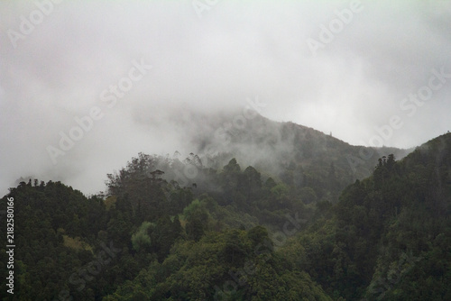 Lush forest-covered mountains rise above the volcanic valley of Furnas in the Azores.