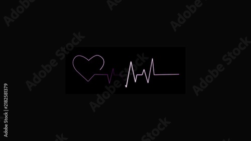 Neon heart beating with pulse wave motion graphic video . Animated outline marker brush black heart background isolated transparent back ground