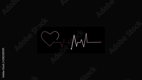 Neon heart beating with pulse wave motion graphic video . Animated outline marker brush black heart background isolated transparent back ground