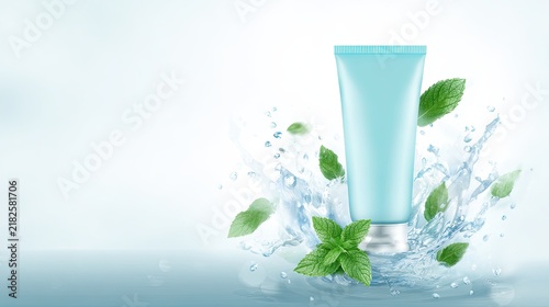 Mint cosmetic skincare tube with fresh green leaves and water splash on a light background, beauty product mockup, hydration, natural care and clean branding