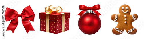 PNG Festive Christmas gift decorations with bow, box, ornament, gingerbread transparent background
