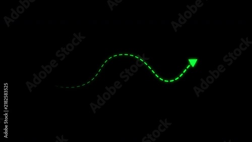 Glow green dotted curved arrow path moving on transparent background. 4k video