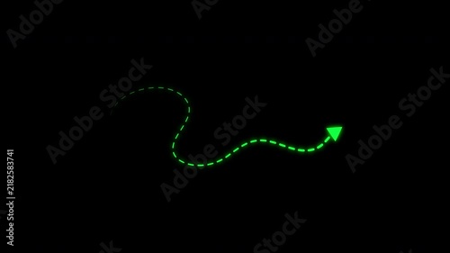Glow green dotted curved arrow path moving on transparent background. 4k video