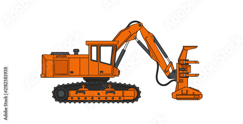 Orange forestry harvester machine isolated on white background for construction and logging industry.