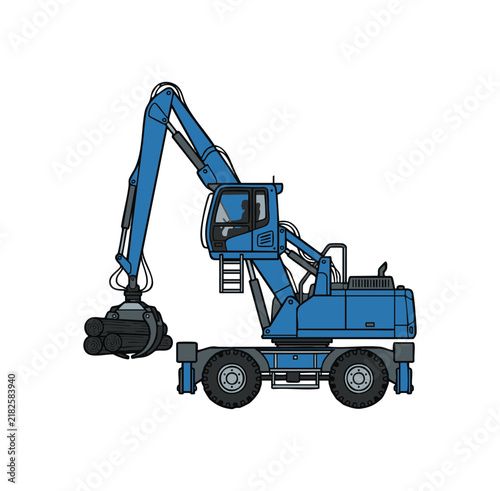 Blue industrial log loader machine with hydraulic grapple grabbing timber logs isolated on white background.