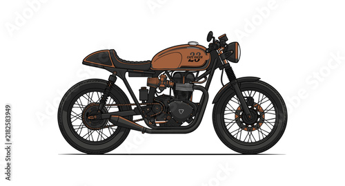 A detailed side view illustration of a custom brown and black cafe racer motorcycle.