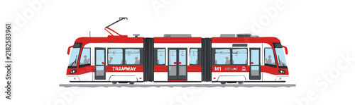 Side view of a modern red and white city tram vehicle illustration.