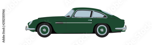 A side view illustration of a classic British green sports car on a white background.