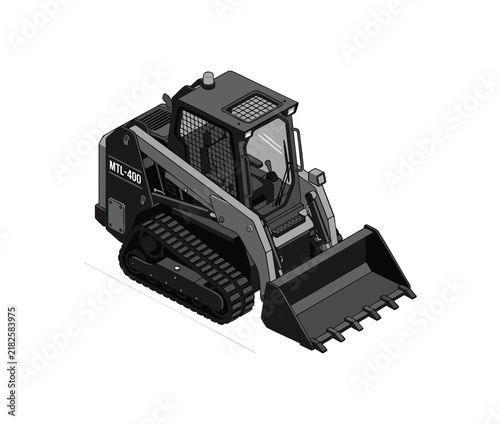 Isometric view of a compact track loader construction vehicle on a white background.