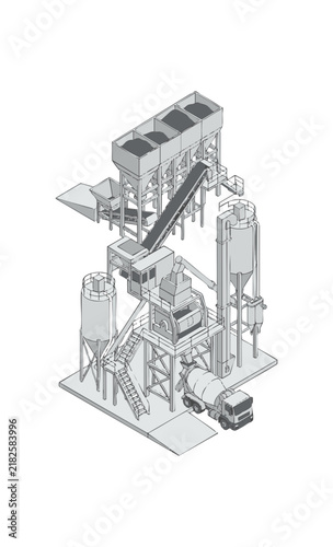Isometric illustration of a concrete batching plant with a cement mixer truck.