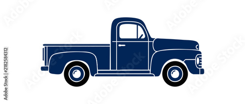 Minimalist graphic illustration of a vintage pickup truck in blue.