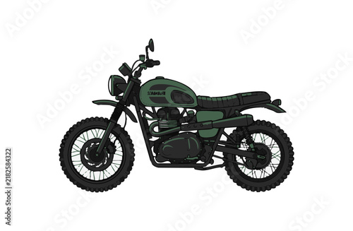 A side view illustration of a classic green scrambler motorcycle isolated on white background.