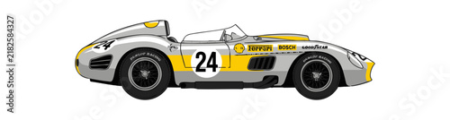 Classic vintage silver and yellow racing car illustration isolated on white background.