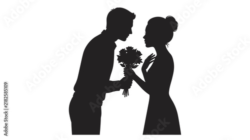 Foto Couple exchanging flowers is depicted in a black silhouette against a white back