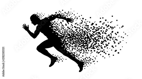 Bild auf Leinwand Running man silhouette dissolving into digital pixels on a white background