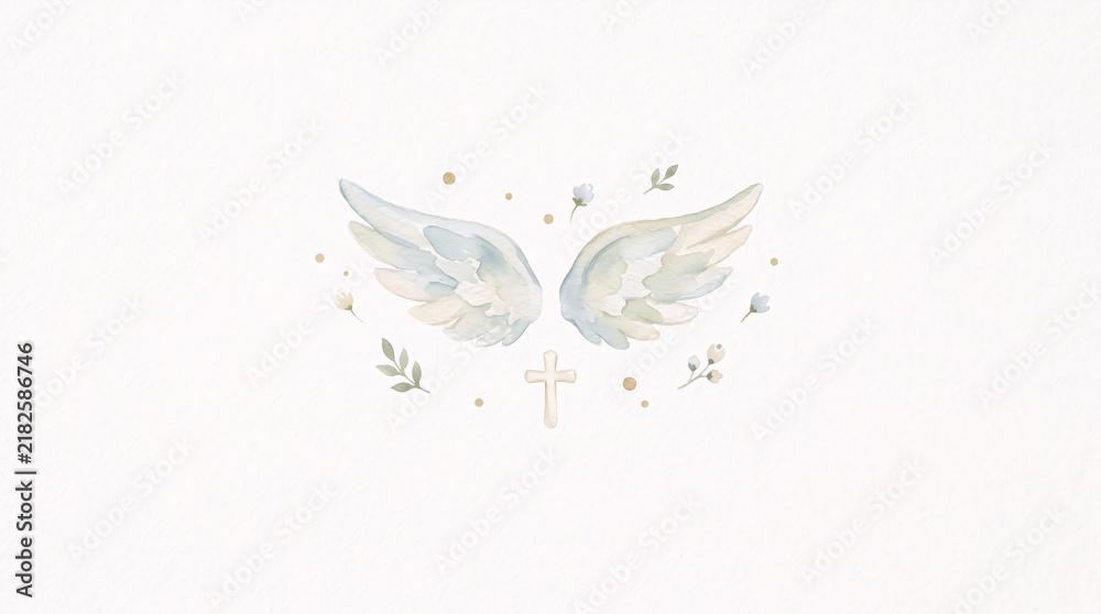 Fototapeta premium Watercolor Angel Wings with Small Cross Christian Baptism Illustration