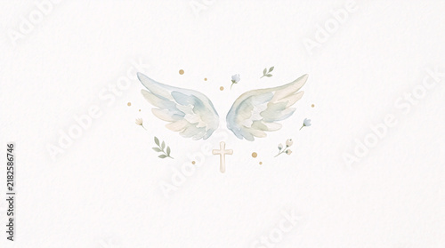 Watercolor Angel Wings with Small Cross Christian Baptism Illustration
